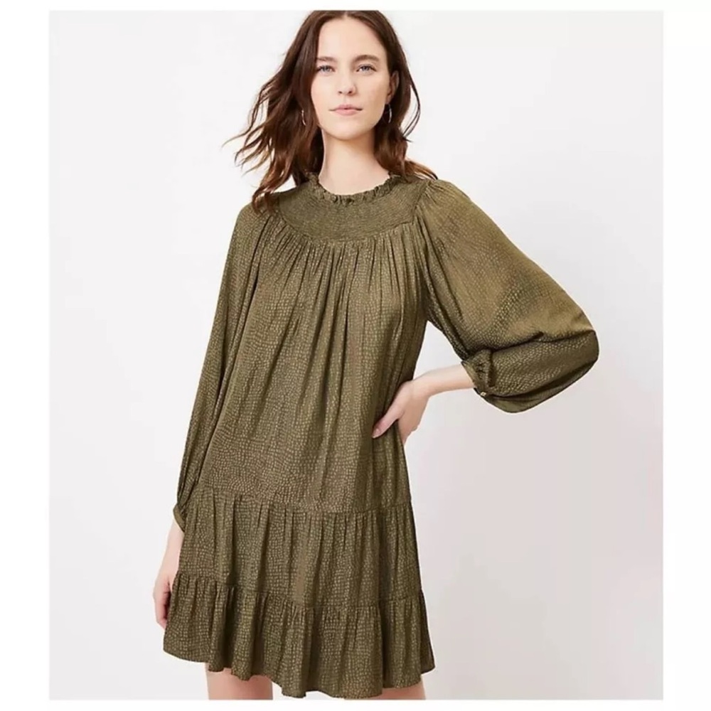 LOFT Smocked Yoke Swing Dress in Olive NWT Medium